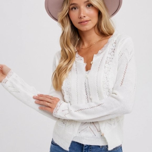 LACE TRIMMED KNIT CARDIGAN - IVORY - Picture 2 of 4